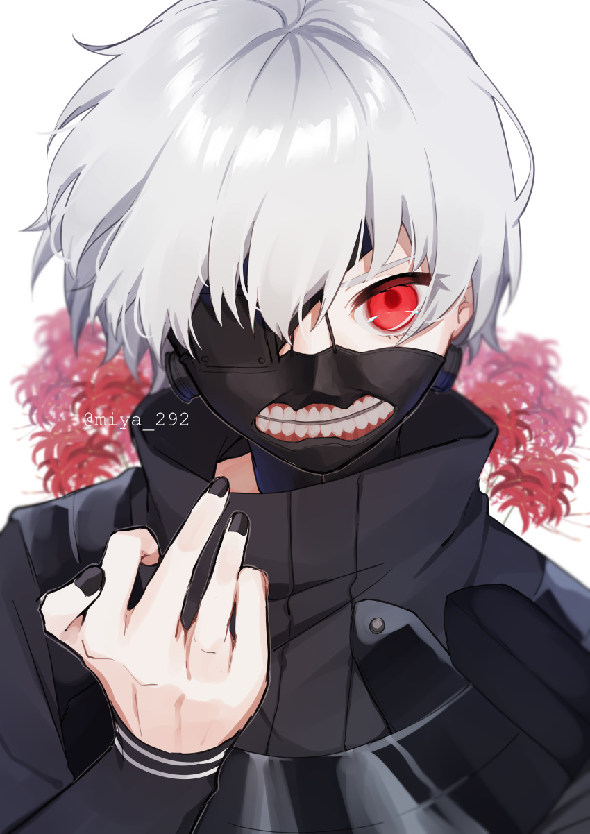 1boy absurdres black_nails collar cracking_knuckles eyepatch face floral_background hair_over_one_eye highres hinakano_h kaneki_ken long_sleeves looking_at_viewer male_focus mask nail_polish red_eyes shiny shiny_hair short_hair solo tokyo_ghoul upper_body white_hair