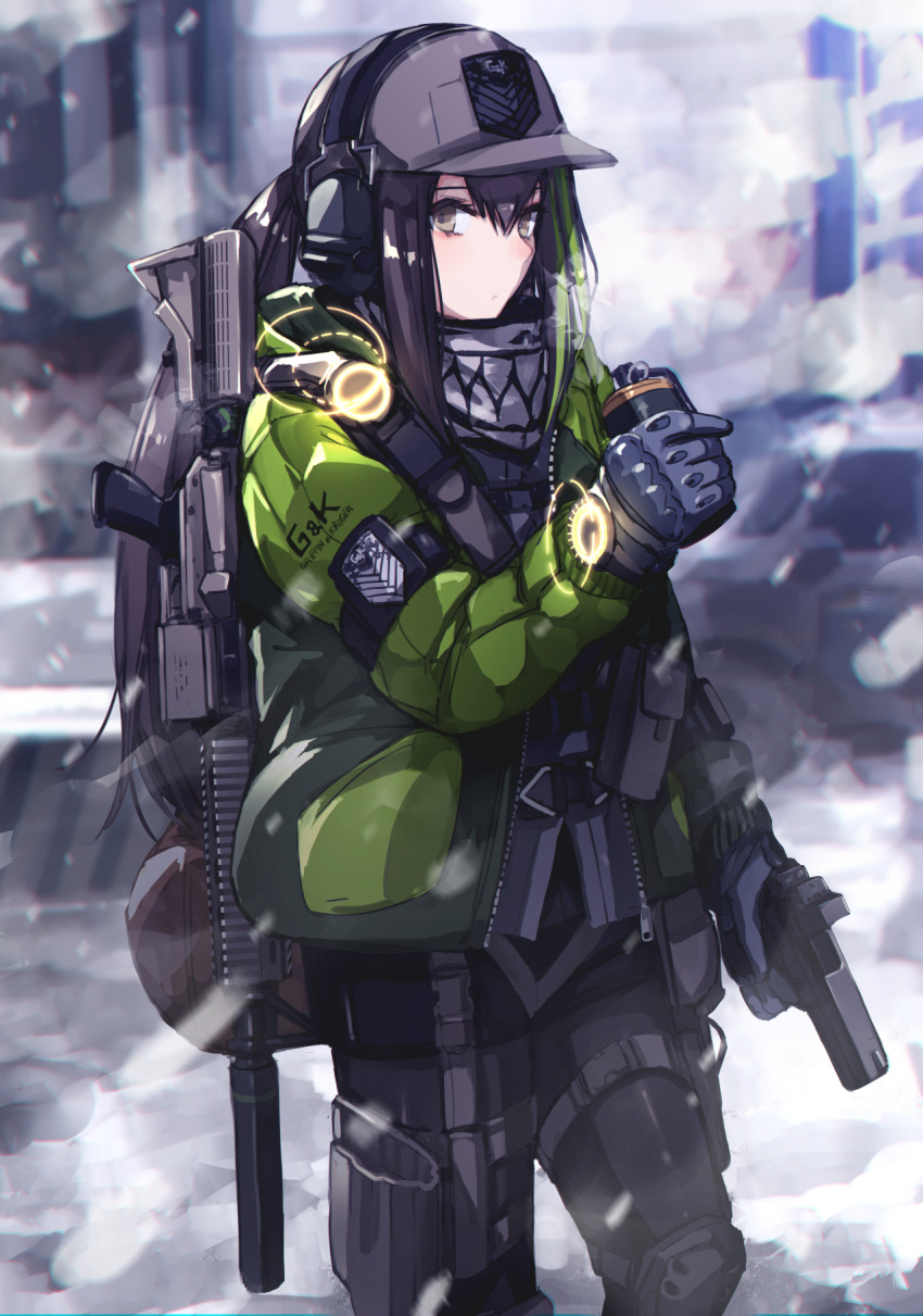 1girl alternate_costume armband assault_rifle baseball_cap emblem english_commentary english_text explosive girls_frontline gloves grenade grifon_&amp;_kryuger gun handgun hat highres holster holstered_weapon jacket knee_pads m4_carbine m4a1_(girls_frontline) mishima_hiroji radio rifle snowing solo tactical_clothes tom_clancy's_the_division watch watch weapon