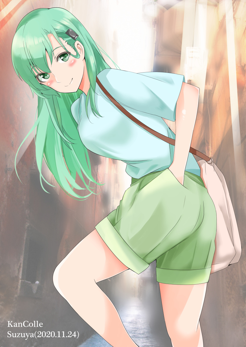 1girl absurdres alternate_costume bag blue_shirt casual character_name commentary_request copyright_name cowboy_shot green_eyes green_hair green_shorts hair_ornament hairclip hand_in_pocket highres kantai_collection leaning_forward logical long_hair looking_at_viewer shirt shorts smile solo suzuya_(kantai_collection)