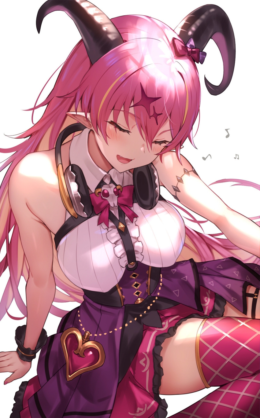 1girl :d arm_at_side arm_support armlet backlighting bare_shoulders blonde_hair bow breasts closed_eyes fang hair_between_eyes hair_bow headphones headphones_around_neck highres hololive horns kakage large_breasts long_hair mano_aloe multicolored_hair music musical_note open_mouth pink_hair pink_legwear pointy_ears shirt simple_background singing sitting skirt sleeveless sleeveless_shirt smile solo thigh-highs two-tone_hair underbust very_long_hair virtual_youtuber white_background wrist_cuffs