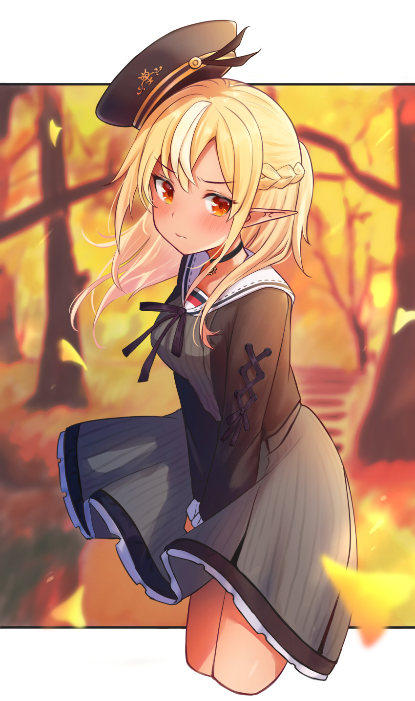1girl absurdres autumn autumn_leaves between_legs black_choker black_headwear black_ribbon blonde_hair blurry blush braid branch breasts choker closed_eyes dark_skin dark-skinned_female depth_of_field dress elf evening forest french_braid grey_dress hand_between_legs hat hat_removed hat_ribbon headwear_removed highres hololive leaves_in_wind letterboxed long_hair looking_at_viewer multicolored_hair nature pendant_choker pinstripe_dress pointy_ears red_eyes ribbon sailor_collar sasaki_(glass1138) shiranui_flare small_breasts solo streaked_hair sun_pendant thighs tree tree_branch virtual_youtuber wind