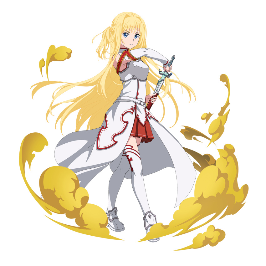 1girl alice_zuberg asuna_(sao) asuna_(sao)_(cosplay) bangs blonde_hair blue_eyes braid breastplate closed_mouth cosplay detached_sleeves floating_hair french_braid frown full_body hair_intakes highres holding holding_sheath holding_sword holding_weapon long_hair long_sleeves miniskirt official_art pleated_skirt red_skirt sheath skirt solo standing sword sword_art_online sword_art_online:_memory_defrag thigh-highs transparent_background unsheathing very_long_hair waist_cape walking weapon white_legwear white_sleeves zettai_ryouiki