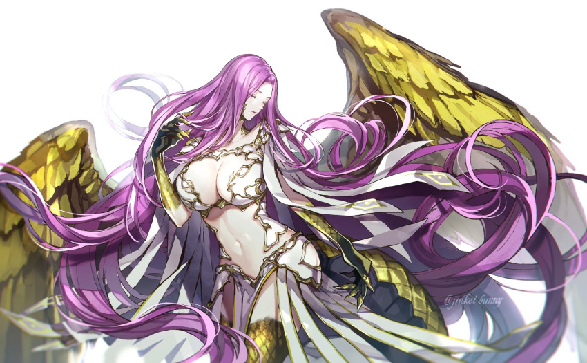 breasts bustier claws cleavage_cutout closed_eyes clothing_cutout fate/grand_order fate_(series) gorgon gorgon_(fate) highres huge_breasts koshika_rina long_hair monster_girl navel pelvic_curtain purple_hair scales simple_background snake snake_tail tail very_long_hair wings