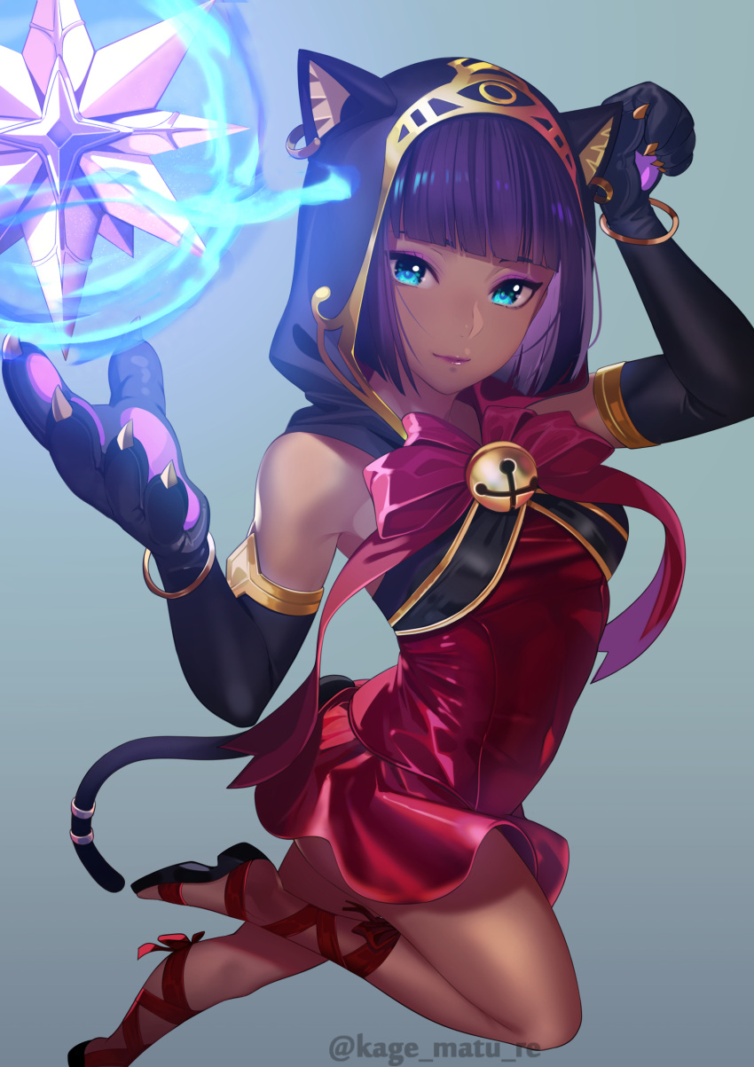 1girl absurdres animal_ears aqua_eyes bell blue_background bob_cut bow bracelet cat_ears cat_paws claws cross-laced_footwear dress eyeshadow glowing gradient gradient_background highres hood jewelry jingle_bell kagematsuri looking_at_viewer magic makeup menat paws purple_hair revision short_dress solo street_fighter street_fighter_v tail tsurime twitter_username