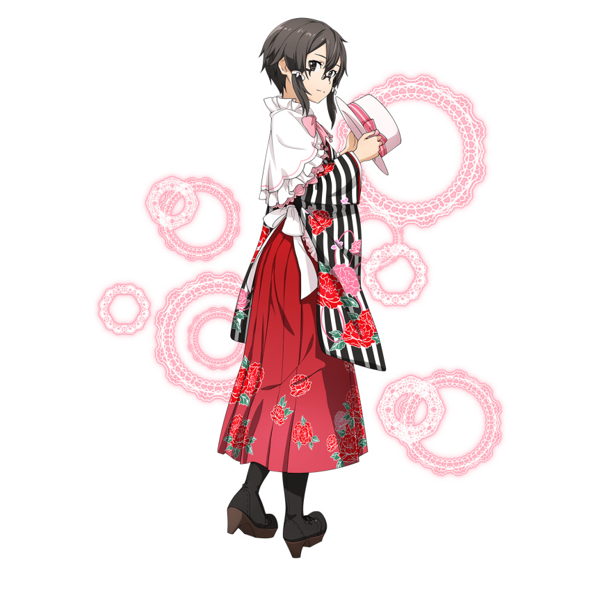 1girl alternate_costume asada_shino black_eyes black_footwear boots brown_hair capelet floral_print from_behind full_body hair_ribbon hakama hat hat_ribbon highres holding holding_clothes holding_hat japanese_clothes kimono long_sleeves looking_at_viewer looking_back official_art pink_ribbon print_hakama red_hakama ribbon rimless_eyewear shiny shiny_hair sidelocks solo standing striped striped_kimono striped_ribbon sword_art_online sword_art_online:_memory_defrag transparent_background white_capelet white_headwear white_ribbon wide_sleeves