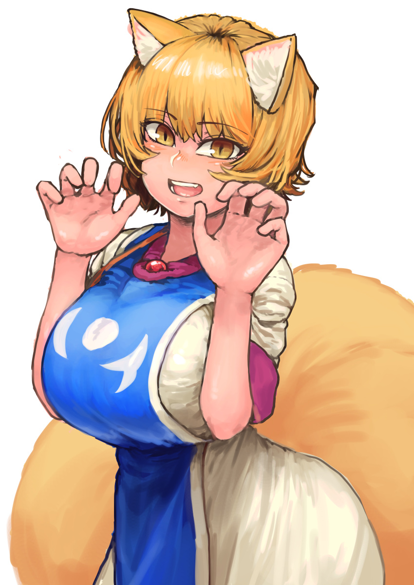 1girl absurdres animal_ears blonde_hair breast_squeeze breasts brooch chanta_(ayatakaoisii) contrapposto cowboy_shot denim dress eyebrows_visible_through_hair highres jeans jewelry large_breasts looking_at_viewer multiple_tails open_mouth pants paw_pose short_hair short_sleeves solo tabard tail touhou white_dress yakumo_ran yellow_eyes
