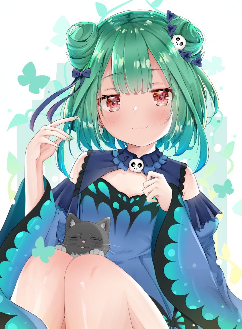 1girl 1other :3 absurdres animal animal_ears bangs blue_bow blue_ribbon blush bow breasts cat cat_ears cleavage_cutout closed_eyes clothing_cutout collared_dress detached_sleeves double_bun dress earrings eyebrows_visible_through_hair fingernails green_hair hair_ornament highres hololive jewelry kaya_(tyhk7874) looking_at_viewer nail_polish red_eyes ribbon sidelocks skull_hair_ornament sleeveless sleeveless_dress small_breasts smile uruha_rushia virtual_youtuber whiskers wide_sleeves