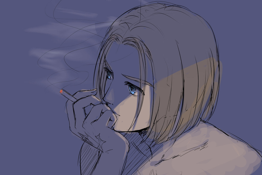 1boy bangs blue_eyes brown_hair chin_rest cigarette collarbone commentary_request dragon_quest dragon_quest_xi face facing_to_the_side from_side hand_tattoo hand_up hero_(dq11) holding holding_cigarette male_focus mondi_hl parted_bangs shirtless short_hair simple_background smoke smoking solo