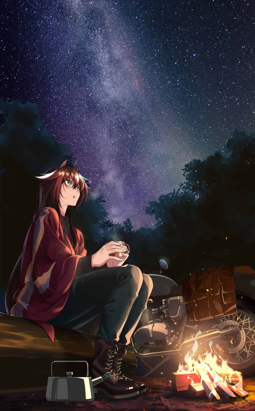 1girl :o absurdres aqua_eyes arknights bangs black_footwear boots brown_hair campfire chinese_commentary commentary_request cup grey_pants hair_between_eyes highres holding holding_cup kettle long_hair meteor_(arknights) mug night night_sky outdoors pants parted_lips shijie_jianfa sitting sky solo star_(sky) starry_sky