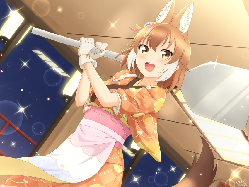 1girl :d absurdres alternate_costume animal_ear_fluff animal_ears apron argyle argyle_kimono bangs brown_eyes brown_hair commentary_request dhole_(kemono_friends) dog_ears dog_tail extra_ears gloves hair_between_eyes highres indoors japanese_clothes kemono_friends kimono looking_at_viewer medium_hair night obi object_request open_mouth orange_kimono sash shiraha_maru signature smile solo sparkle tail upper_teeth waist_apron white_gloves