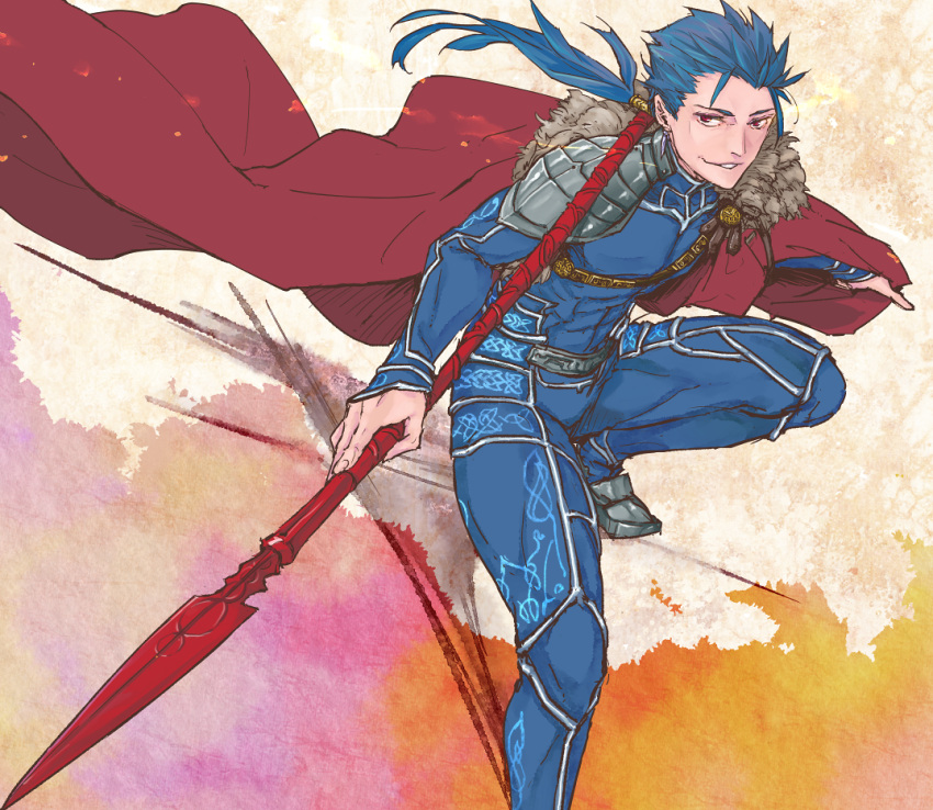 1boy abs armor beads blue_hair bodysuit cape cu_chulainn_(fate)_(all) earrings fate/stay_night fate_(series) fur-trimmed_cape fur_trim gae_bolg hair_beads hair_ornament holding holding_polearm holding_weapon jewelry lancer long_hair male_focus pauldrons polearm ponytail red_eyes shoulder_armor skin_tight smile solo spiky_hair type-moon weapon yanami