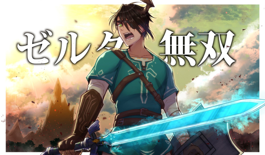 1boy aragami_ouga black_hair cosplay dark_skin dark_skinned_male eyepatch green_eyes highres holostars horns link link_(cosplay) looking_at_viewer master_sword open_mouth single_horn smile teeth the_legend_of_zelda the_legend_of_zelda:_breath_of_the_wild tunic virtual_youtuber