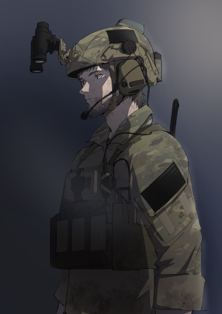 1boy beard brown_hair camouflage dark_background ear_protection expressionless facial_hair helmet highres load_bearing_vest long_sleeves looking_ahead magazine_(weapon) male_focus mature_male military_operator night_vision_device original patch pen_guin15 plate_carrier short_hair shoulder_patch simple_background solo upper_body