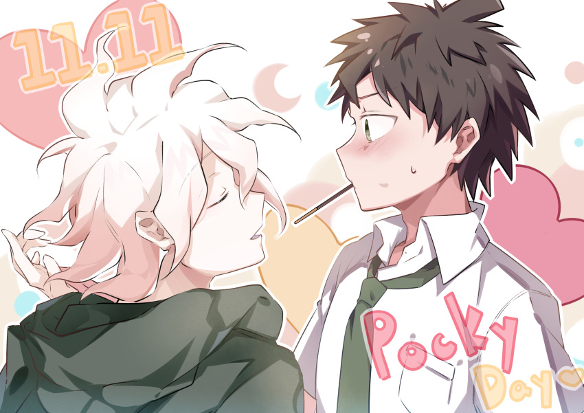 2boys absurdres ahoge bangs blush brown_hair closed_eyes collared_shirt commentary_request dangan_ronpa dated food from_side green_eyes green_hoodie green_neckwear hand_up heart highres hinata_hajime hood hoodie imminent_kiss komaeda_nagito looking_at_another male_focus messy_hair midou_(grk12138) multiple_boys necktie pocky pocky_day shirt short_hair short_sleeves super_dangan_ronpa_2 sweatdrop upper_body white_shirt