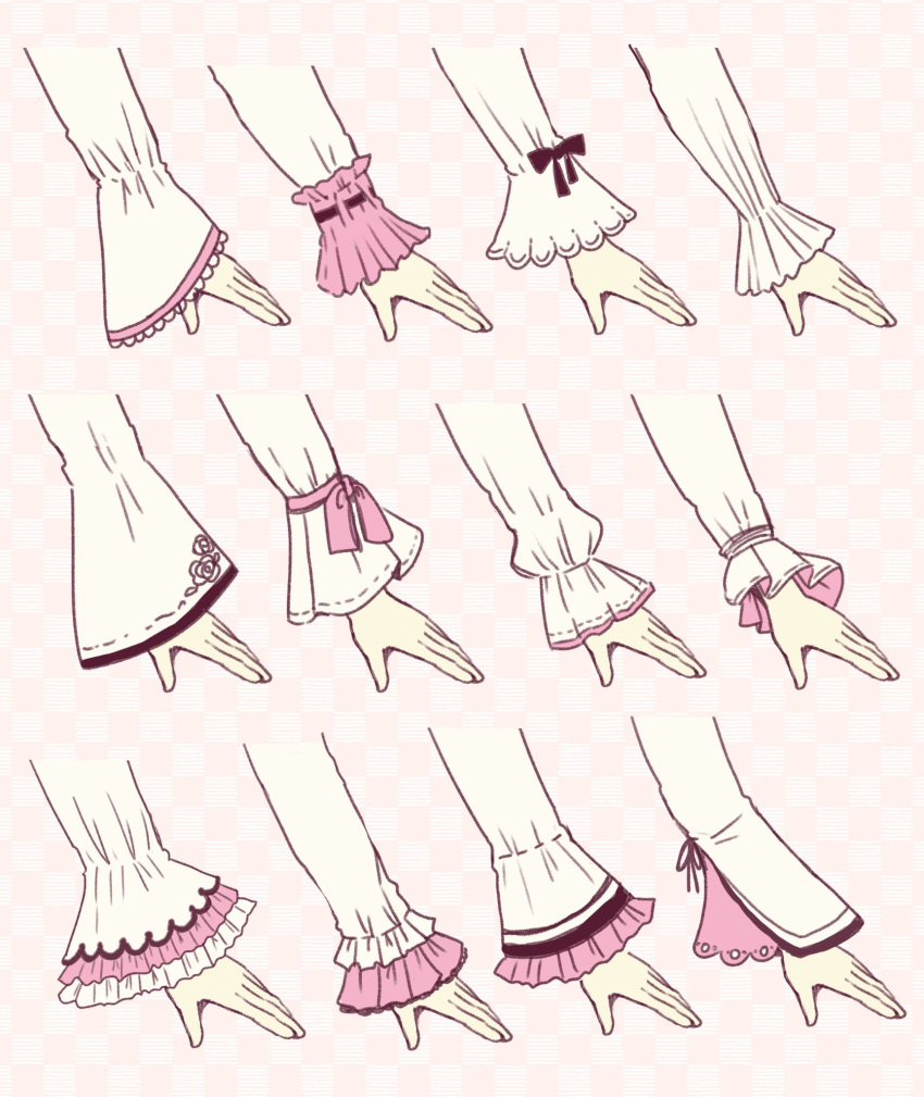 6+girls checkered checkered_background frilled_sleeves frills hands highres long_sleeves multiple_girls original pink_background puffy_long_sleeves puffy_sleeves ribbon-trimmed_sleeves ribbon_trim sakura_oriko sleeves_past_wrists white_sleeves wide_sleeves