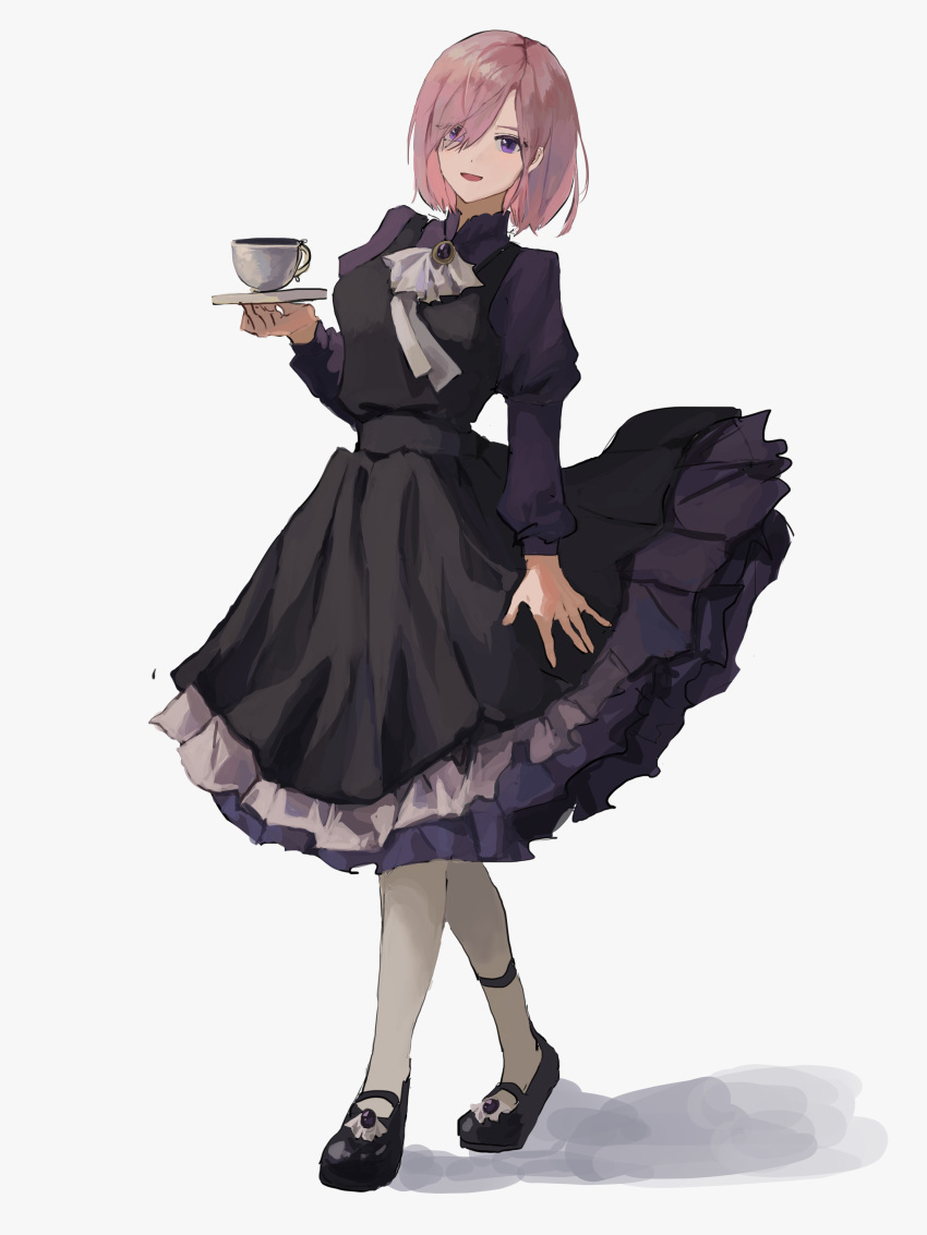 1girl :d absurdres alternate_costume bangs black_dress black_footwear cup dress fate/grand_order fate_(series) full_body grey_neckwear hair_between_eyes highres holding holding_plate layered_dress long_dress mash_kyrielight null_(skev7724) open_mouth pink_hair plate short_hair simple_background smile solo standing teacup violet_eyes white_background white_legwear