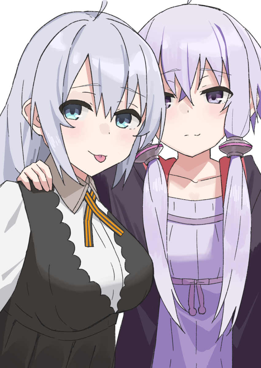 2girls :3 :p black_dress blue_eyes breasts collarbone commentary dress flat_chest gosugasu grey_hair hair_tubes hand_on_another's_shoulder highres jacket kizuna_akari long_hair medium_breasts multiple_girls purple_dress purple_hair purple_jacket shirt side-by-side sidelocks smile symbol_commentary tongue tongue_out upper_body violet_eyes voiceroid white_background white_shirt yuzuki_yukari