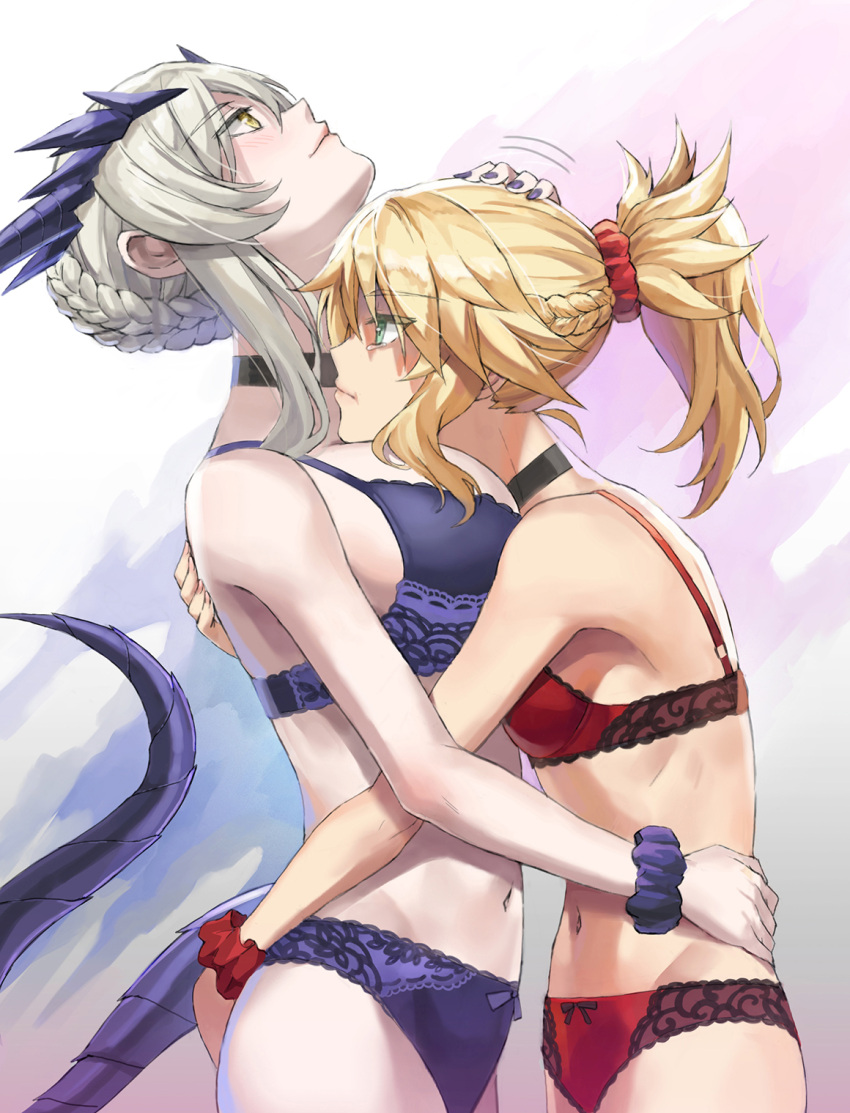 2girls artoria_pendragon_(all) artoria_pendragon_(lancer_alter) bangs bare_shoulders blonde_hair blush bra braid breasts choker fate/grand_order fate_(series) green_eyes grey_hair hand_on_another's_head highres horns hug large_breasts long_hair mordred_(fate) mordred_(fate)_(all) multiple_girls panties parted_bangs petting ponytail scrunchie sidelocks small_breasts tail tonee underwear underwear_only wrist_scrunchie yellow_eyes