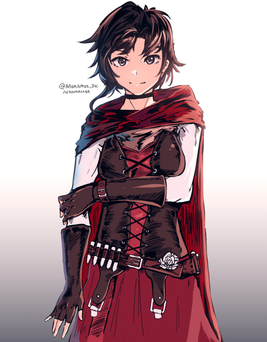 1girl anonamos belt_buckle black_choker brown_gloves brown_hair buckle cape choker closed_mouth dress fingerless_gloves flower gloves gradient gradient_background grey_background grey_eyes highres long_sleeves looking_at_viewer pinafore_dress red_cape red_dress rose ruby_rose rwby shiny shiny_hair shirt short_hair smile solo standing twitter_username white_flower white_rose white_shirt