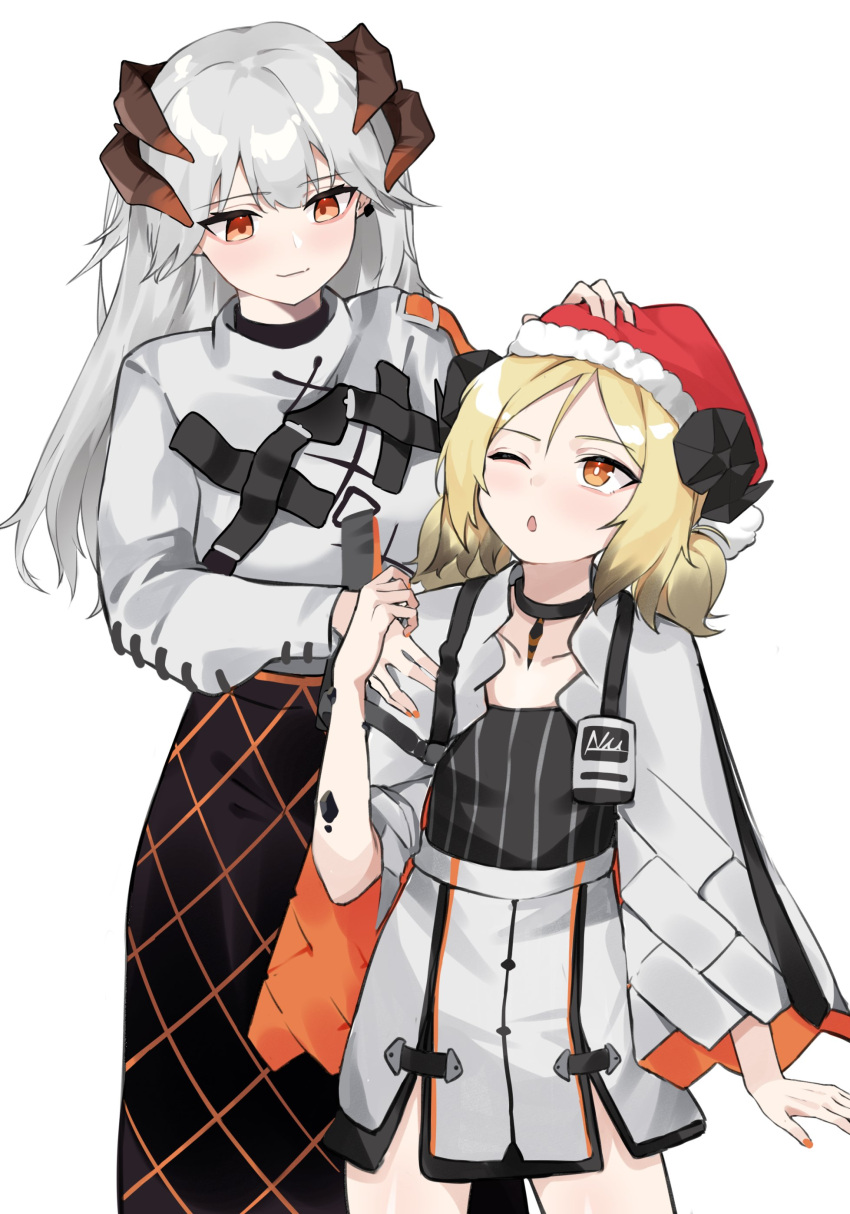 absurdres arknights bangs black_skirt blonde_hair closed_mouth collarbone commentary_request curled_horns fur-trimmed_headwear grey_hair hand_on_headwear hat highres horns ifrit_(arknights) jacket long_hair long_sleeves low_twintails nail_polish one_eye_closed orange_eyes orange_nails parted_bangs parted_lips poyason red_headwear santa_hat saria_(arknights) shirt simple_background skirt smile twintails white_background white_jacket white_shirt white_skirt
