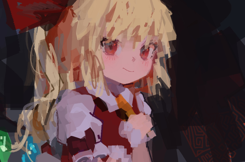 1girl black_background blonde_hair bow closed_mouth collared_shirt frilled_sleeves frills from_side highres long_hair looking_at_viewer looking_to_the_side no_lineart orange_neckwear puffy_short_sleeves puffy_sleeves red_bow red_eyes reddizen remilia_scarlet shirt short_sleeves side_ponytail smile solo touhou upper_body