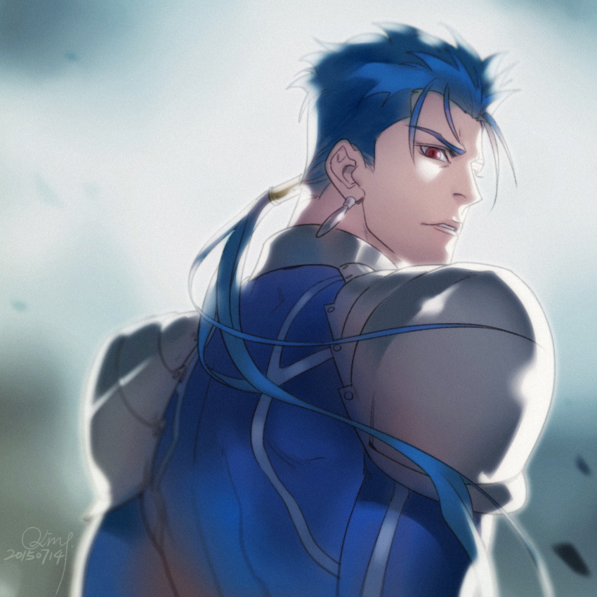 1boy angry armor beads bifanghuanshi blue_hair cu_chulainn_(fate)_(all) dated earrings fate/stay_night fate_(series) floating_hair from_behind hair_beads hair_ornament highres jewelry lancer long_hair looking_at_viewer looking_back male_focus pauldrons ponytail red_eyes shoulder_armor signature skin_tight slit_pupils solo spiky_hair type-moon