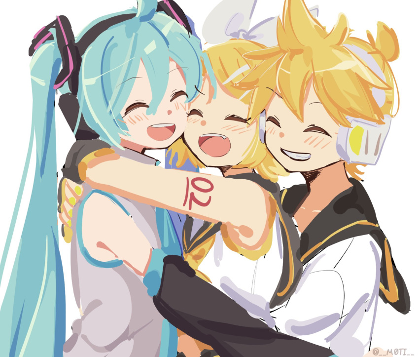 1boy 2girls aqua_eyes aqua_hair aqua_neckwear arm_warmers bangs bare_shoulders black_collar black_sleeves blonde_hair bow collar commentary crop_top detached_sleeves doodle grey_shirt hair_bow hair_ornament hairclip hatsune_miku headphones highres kagamine_len kagamine_rin long_hair m0ti multiple_girls necktie sailor_collar school_uniform shirt short_hair short_ponytail shoulder_tattoo sleeveless sleeveless_shirt spiky_hair swept_bangs tattoo twintails upper_body very_long_hair vocaloid white_bow white_shirt yellow_neckwear