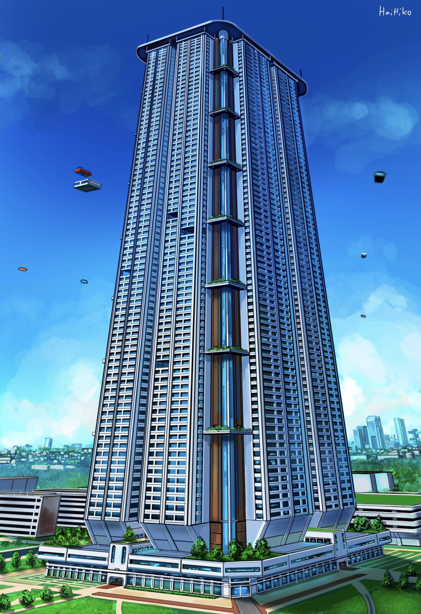 artist_name blue_sky building cityscape commentary_request flying_car grass hai_to_hickory highres no_humans original scenery sky skyscraper tagme tree