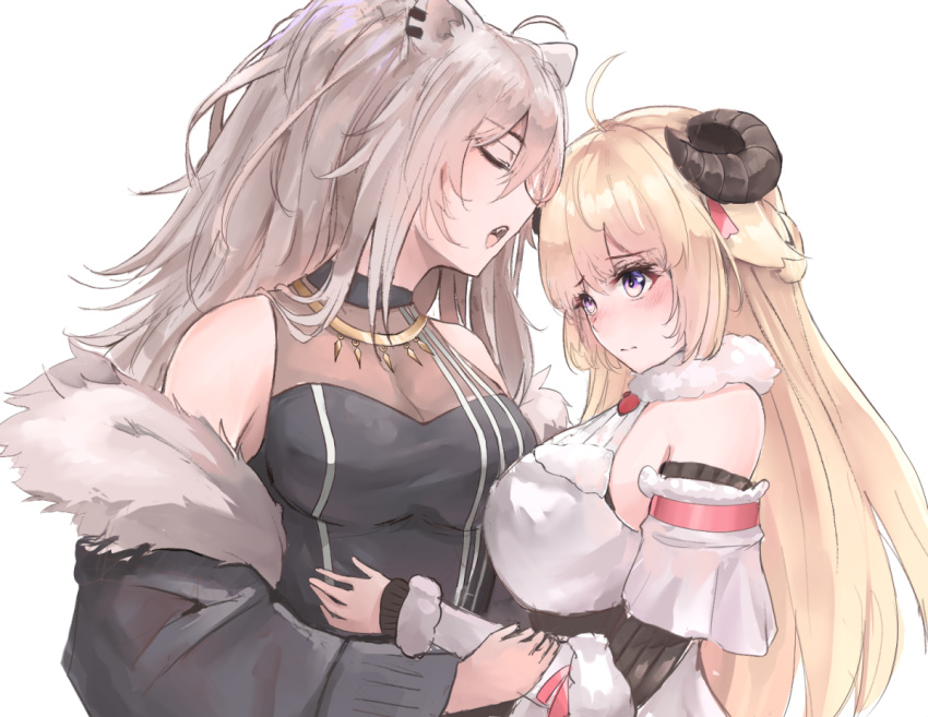 2girls ahoge animal_ears armlet black_sleeves blush breasts closed_eyes closed_mouth detached_sleeves dress ear_clip eyelashes fur-trimmed_arm_warmers fur-trimmed_collar fur-trimmed_jacket fur_trim gold_torc hair_flaps hololive horns hug jacket large_breasts liaowen lion_ears long_hair looking_down messy_hair multiple_girls off-shoulder_coat open_mouth sheep_girl sheep_horns shirt shishiro_botan sidelocks simple_background sleeveless sleeveless_dress sleeveless_shirt torc tsunomaki_watame upper_body very_long_hair virtual_youtuber white_background white_stripes yellow_eyes
