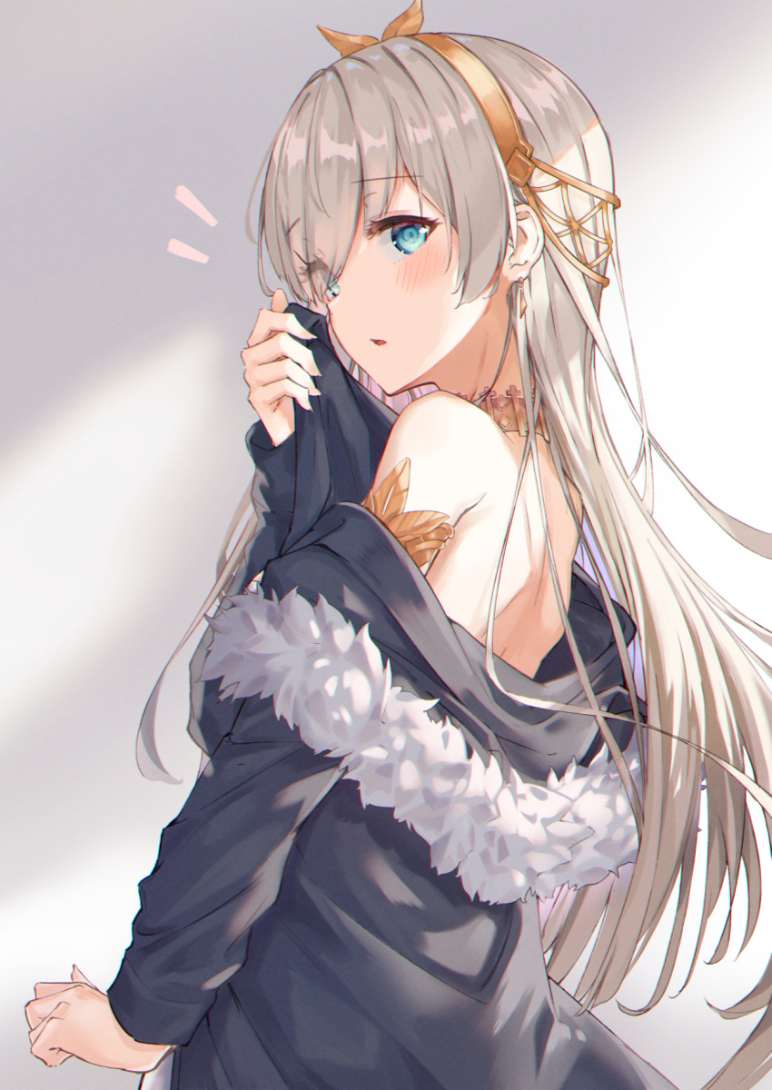 1girl anastasia_(fate) bangs bare_shoulders black_jacket blue_eyes blush eyebrows_visible_through_hair fate/grand_order fate_(series) from_side fur-trimmed_jacket fur_trim hair_over_one_eye hairband highres holding jacket kyaroru long_hair long_sleeves looking_at_viewer off-shoulder_jacket off_shoulder open_mouth silver_hair solo very_long_hair