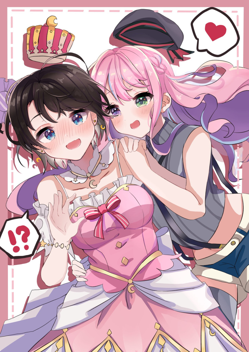 !? 2girls ahoge beret blue_eyes blush border bow bracelet brown_hair charm_(object) commentary_request cosplay costume_switch cowboy_shot crescent crescent_earrings crescent_necklace crop_top crown detached_collar dress drop_earrings earrings green_eyes grey_hair hands_on_another's_shoulder hat hat_ribbon heart heterochromia highres himemori_luna hololive imoricohafu jewelry lace_collar long_hair looking_at_another looking_at_viewer multicolored_hair multiple_girls nose_blush oozora_subaru pink_border pink_dress pink_hair princess red_bow ribbon shirt short_hair shorts simple_background spaghetti_strap spoken_heart spoken_interrobang streaked_hair striped striped_shirt suspender_shorts suspenders thigh-highs umbrella-flared_dress vertical-striped_shirt vertical_stripes very_long_hair violet_eyes wavy_mouth white_background