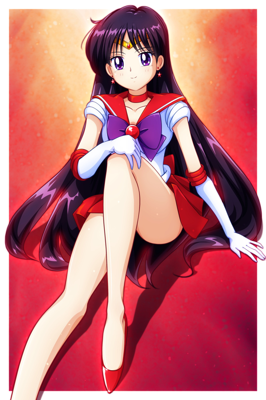 1girl bangs bishoujo_senshi_sailor_moon black_hair border choker circlet closed_mouth collarbone collared_shirt elbow_gloves gloves hand_on_own_knee highres long_hair looking_at_viewer mimimix miniskirt outside_border pleated_skirt pumps red_background red_choker red_footwear red_sailor_collar red_skirt sailor_collar sailor_mars sailor_senshi_uniform sailor_shirt shiny shiny_hair shirt sitting skirt smile solo very_long_hair violet_eyes white_border white_gloves white_shirt