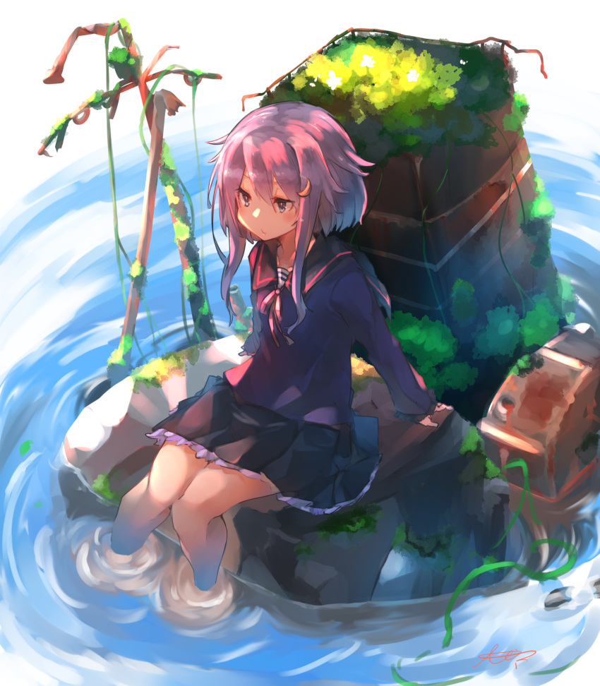 1girl black_sailor_collar black_skirt blue_shirt commentary_request crescent crescent_hair_ornament hair_ornament highres kantai_collection moss pleated_skirt purple_hair rock sailor_collar school_uniform serafuku shirt short_hair short_hair_with_long_locks sitting skirt smokestack soaking_feet solo sunday_aki water yayoi_(kantai_collection)