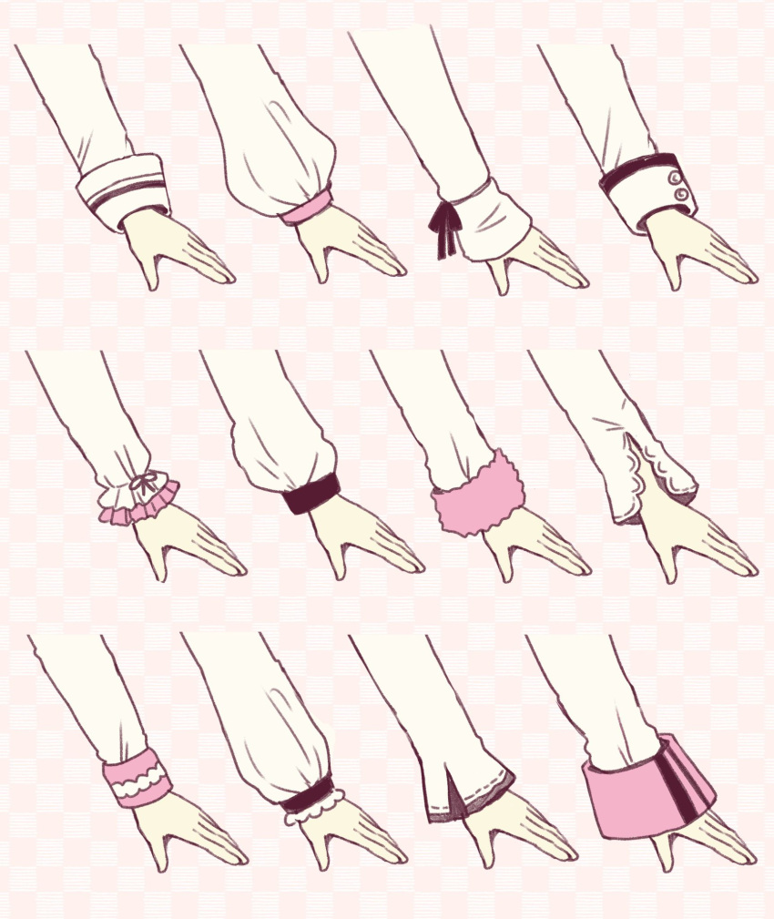 6+girls checkered checkered_background frilled_sleeves frills fur-trimmed_sleeves fur_trim hands highres long_sleeves multiple_girls original pink_background puffy_long_sleeves puffy_sleeves sakura_oriko sleeves_past_wrists white_sleeves