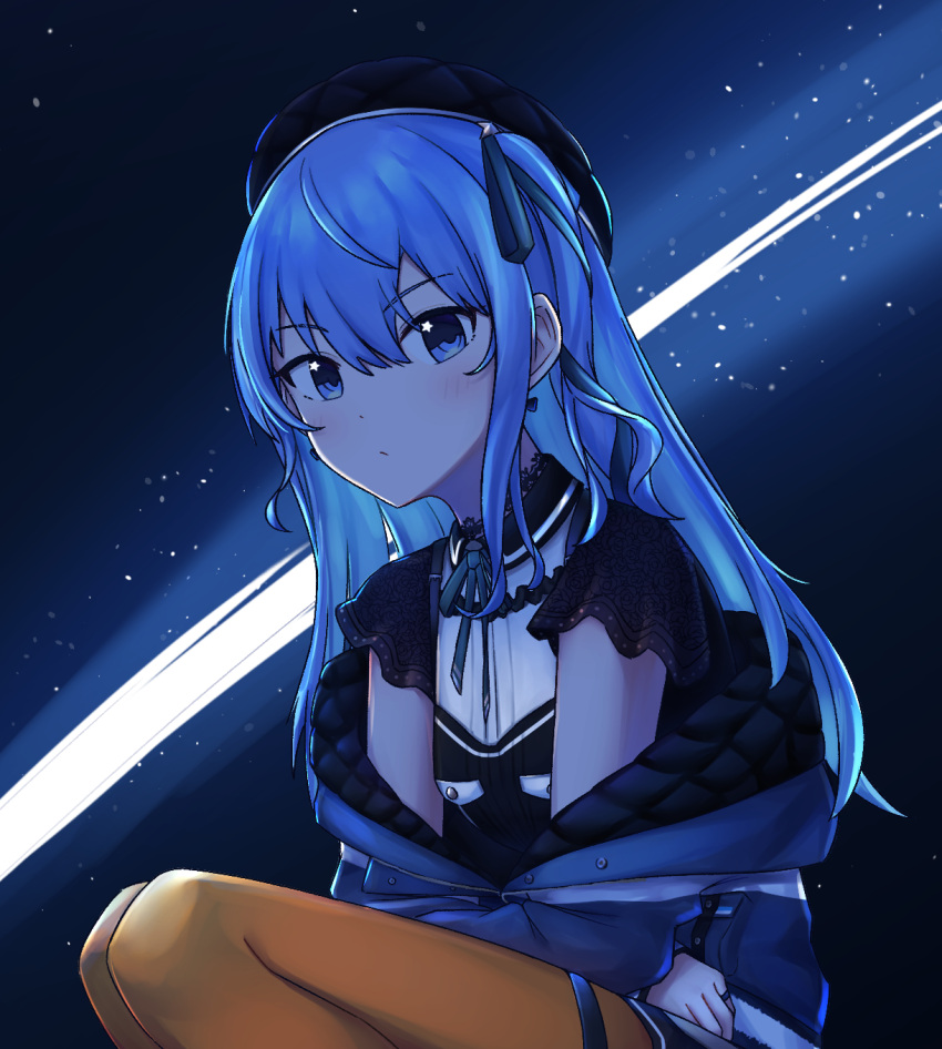 1girl ahoge backlighting beret black_choker blue_coat blue_eyes blue_hair blue_light bow bow_earrings breasts choker coat comet crossed_arms dark earrings hair_ribbon hat highres hololive hoshimachi_suisei jewelry kenken_(keuken) lace lace-trimmed_sleeves lace_choker lace_trim long_hair looking_at_viewer off-shoulder_coat orange_legwear padded_coat pantyhose ribbon ringlets short_sleeves sidelocks sitting skirt small_breasts solo star_(symbol) star_in_eye starry_background symbol_in_eye thigh_strap thighs virtual_youtuber winter_clothes winter_coat