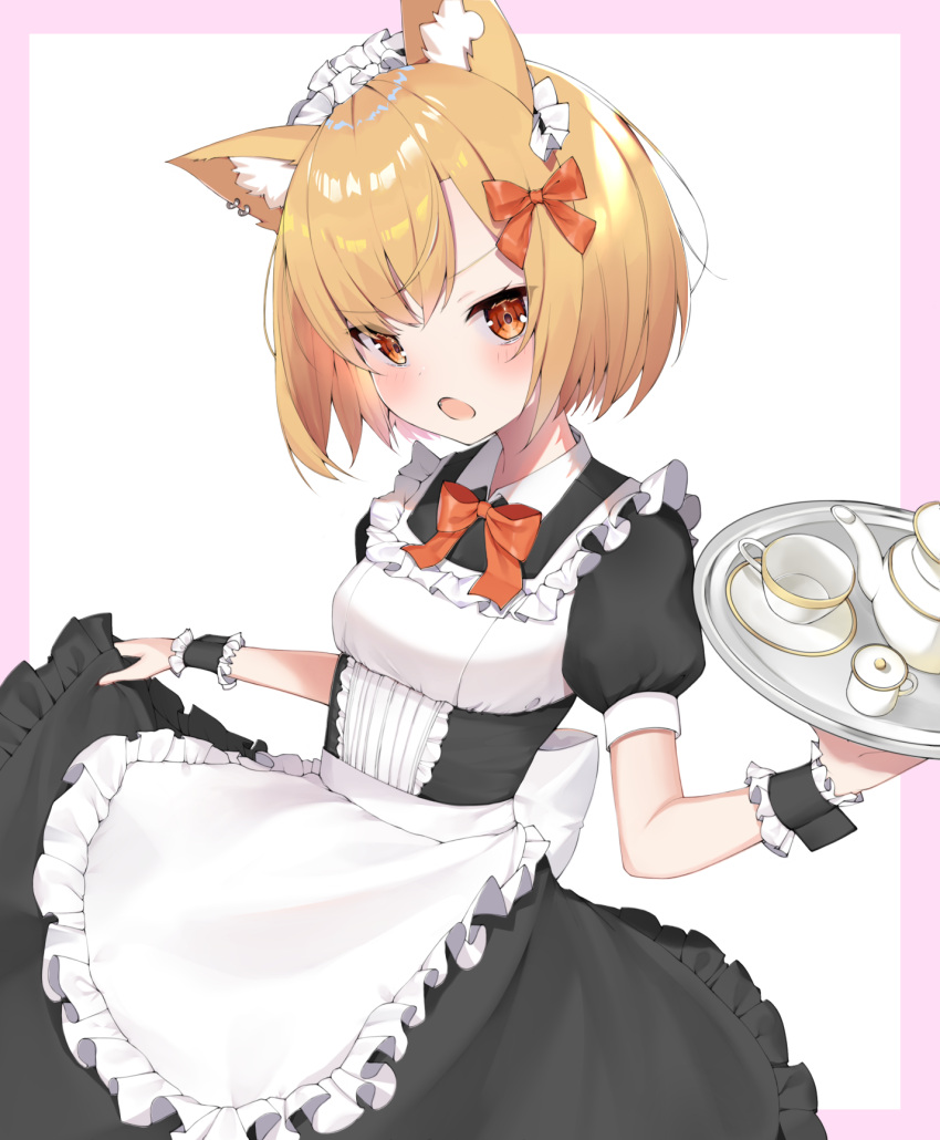 1girl animal_ear_fluff animal_ears apron arknights black_dress blonde_hair border bow breasts cat_ears commentary cowboy_shot cup dress dress_lift fox_ears frilled_dress frills hair_bow hair_ornament highres holding looking_at_viewer maid maid_headdress open_mouth orange_bow orange_eyes rui_p short_hair simple_background small_breasts solo teacup teapot tray v-shaped_eyebrows vermeil_(arknights) white_background wrist_cuffs