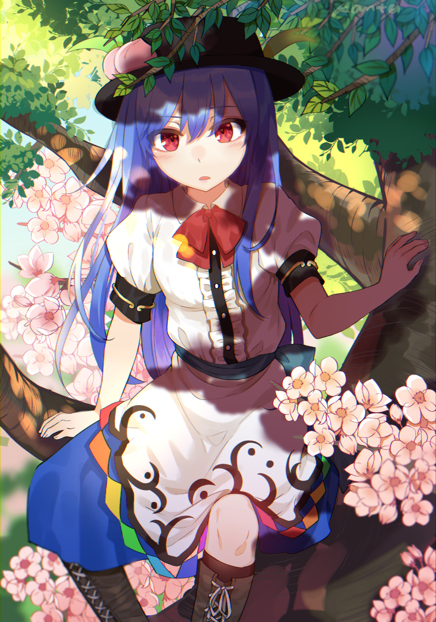 1girl absurdres black_headwear blue_hair blue_sash blue_skirt blurry blurry_background blush boots branch breasts center_frills commentary_request dress feet_out_of_frame flower food frills from_above fruit hair_between_eyes hat highres hinanawi_tenshi kanta_(pixiv9296614) knee_boots leaf long_hair neck_ribbon parted_lips peach puffy_short_sleeves puffy_sleeves rainbow_order red_eyes red_neckwear red_ribbon ribbon sash short_sleeves sitting skirt small_breasts solo touhou tree white_dress