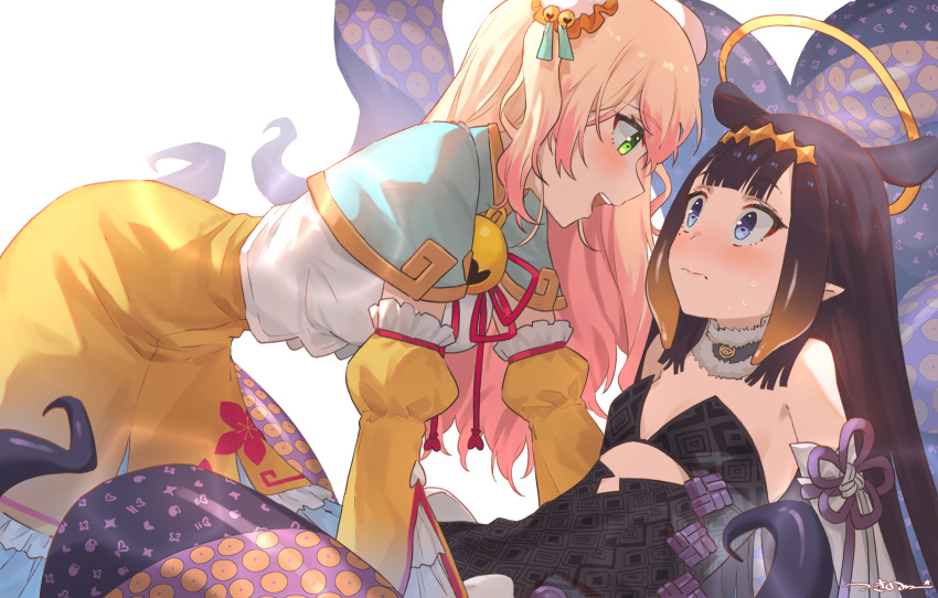 2girls :d absurdres bare_shoulders blonde_hair blue_eyes blush detached_sleeves double_bun flat_chest flustered green_eyes halo highres hololive hololive_english long_hair long_sleeves looking_at_another mole mole_under_eye momosuzu_nene multiple_girls ninomae_ina'nis one_side_up open_mouth purple_hair signature simple_background smile tentacle_hair tentacles tsukino_(nakajimaseiki) virtual_youtuber wavy_mouth white_background yuri