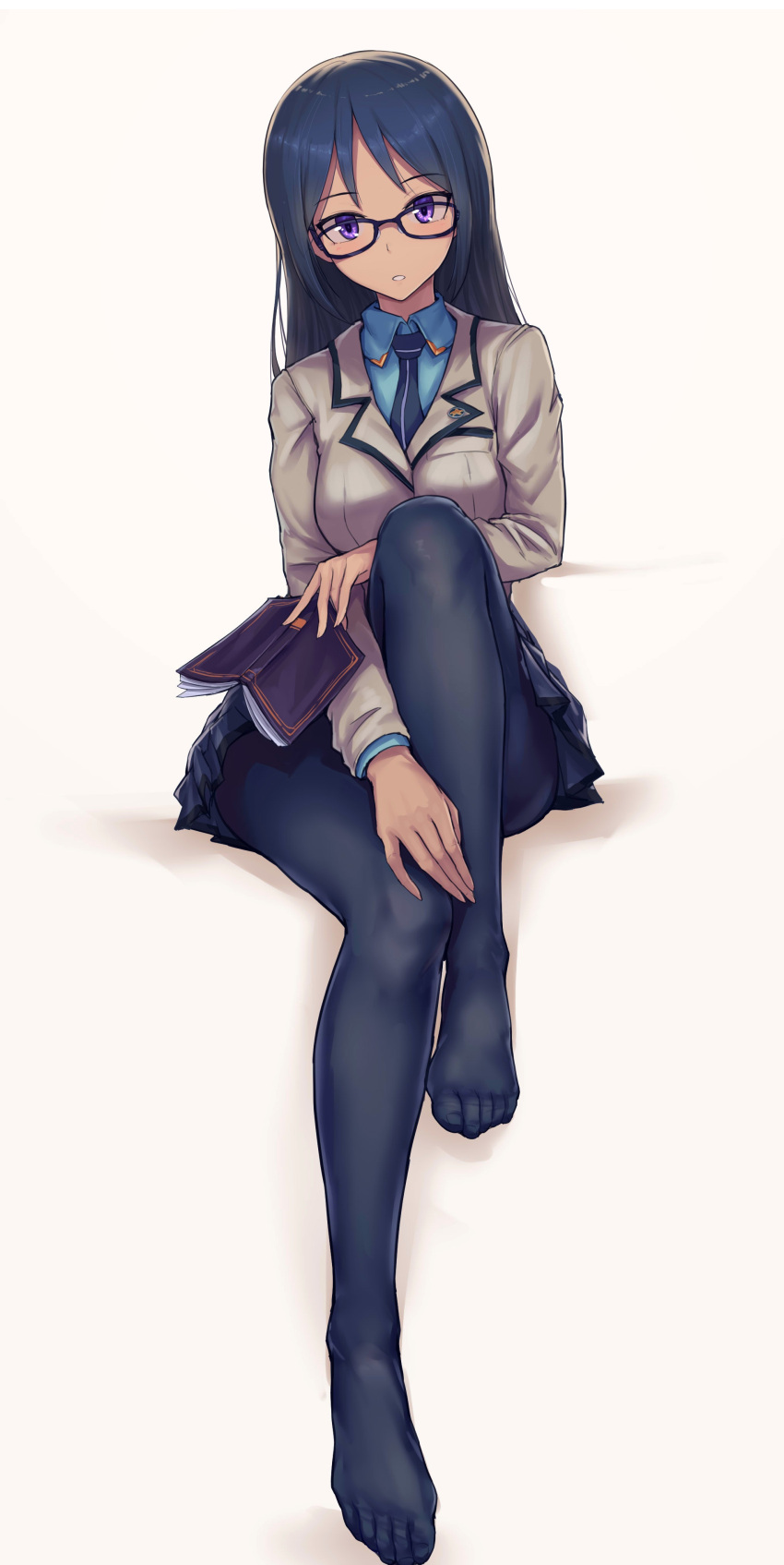 1girl absurdres alice_gear_aegis aomoro black-framed_eyewear black_neckwear blazer blue_eyes blue_hair book feet glasses highres holding holding_book jacket long_hair looking_at_viewer momoshina_fumika pantyhose school_uniform serafuku sitting skirt toes