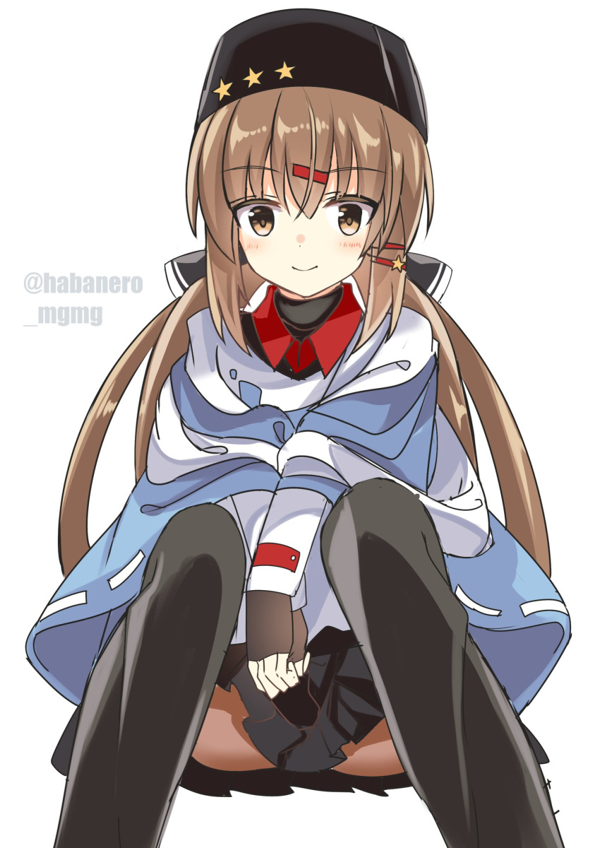 1girl anchor_necklace belt black_belt black_bow black_footwear black_gloves black_headwear black_skirt blue_shawl boots bow brown_eyes brown_hair brown_legwear fathom feet_out_of_frame fingerless_gloves gloves hair_bow highres invisible_chair jacket kantai_collection long_hair low_twintails pantyhose papakha red_shirt ribbon_trim scarf shirt simple_background sitting skirt solo star_(symbol) tashkent_(kantai_collection) thigh-highs thigh_boots torn_scarf twintails twitter_username white_background white_jacket white_scarf
