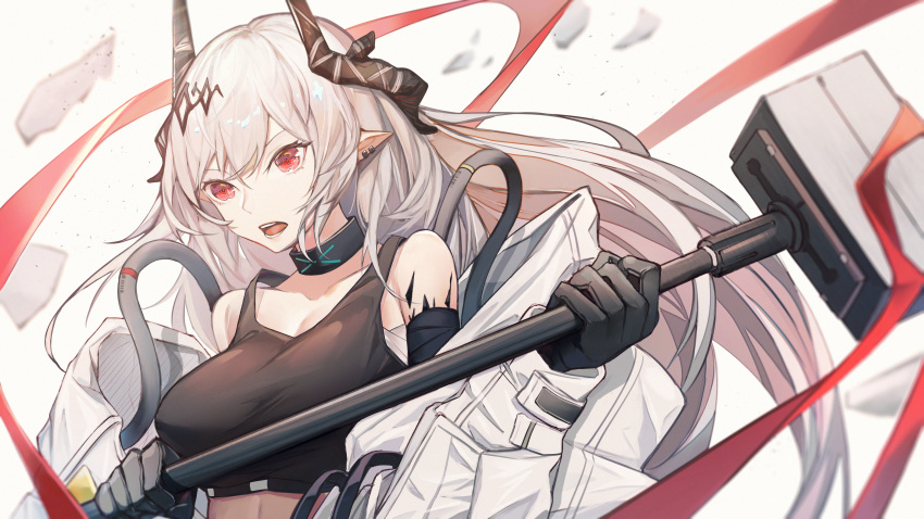 1girl absurdres arknights bangs bare_shoulders black_choker breasts choker commentary_request crop_top fanshu gloves grey_gloves hammer highres holding holding_hammer holding_weapon horns large_breasts long_hair midriff mudrock_(arknights) open_mouth pointy_ears red_eyes sarashi silver_hair solo sports_bra upper_body weapon white_background
