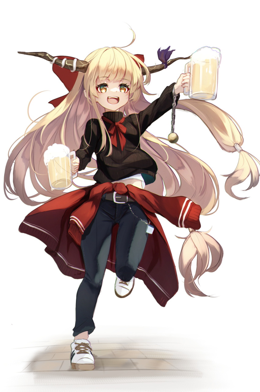 :d ahoge alcohol beer beer_mug belt black_sweater blonde_hair bow brick_floor brown_belt casual clothes_around_waist commentary_request cuffs cup denim eyebrows_visible_through_hair full_body hair_bow highres holding holding_cup horn_ornament horn_ribbon horns ibuki_suika jeans long_hair lumo_1121 midriff_peek mug neck_ribbon oni_horns open_mouth pants red_bow red_neckwear red_ribbon red_sweater ribbon shackles shoes simple_background smile sneakers sweater sweater_around_waist touhou very_long_hair white_background white_footwear yellow_eyes