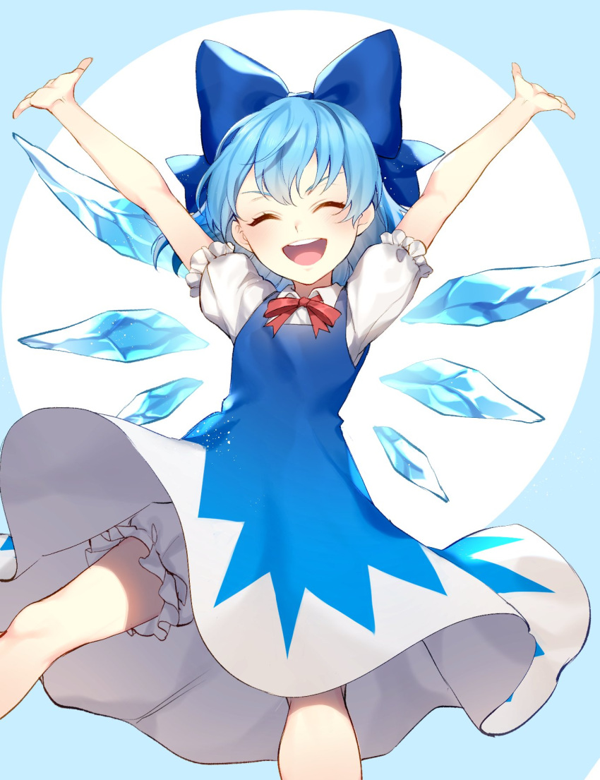 1girl arms_up bloomers blue_bow blue_dress blue_hair bow cirno closed_eyes collared_shirt commentary_request dress feet_out_of_frame flat_chest hair_bow highres jill_07km light_blue_background neck_ribbon open_mouth puffy_short_sleeves puffy_sleeves red_ribbon ribbon shirt short_hair short_sleeves simple_background smile solo touhou two-tone_background underwear upper_teeth v-shaped_eyebrows white_background white_shirt