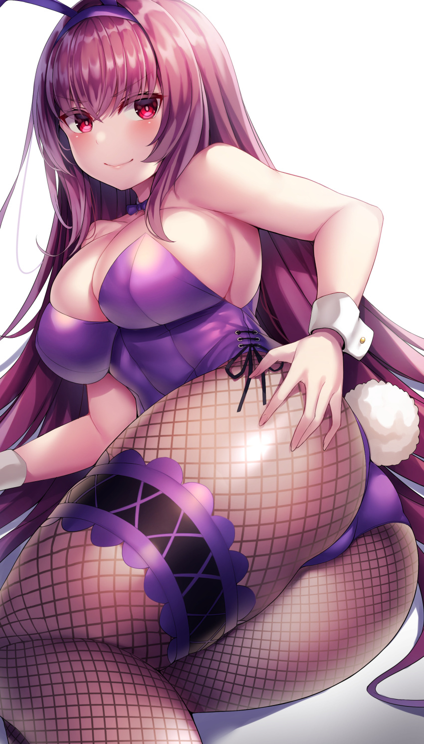 1girl absurdres alternate_costume animal_ears ass ass_grab breasts bunny_tail detached_collar fake_animal_ears fake_tail fate/grand_order fate_(series) fishnet_legwear fishnets hair_intakes hairband highleg highleg_leotard highres large_breasts leotard long_hair nano_(syoutamho) piercing_bunny playboy_bunny purple_hair purple_hairband purple_leotard purple_neckwear rabbit_ears scathach_(fate)_(all) scathach_(fate/grand_order) simple_background smile solo strapless strapless_leotard tail wrist_cuffs