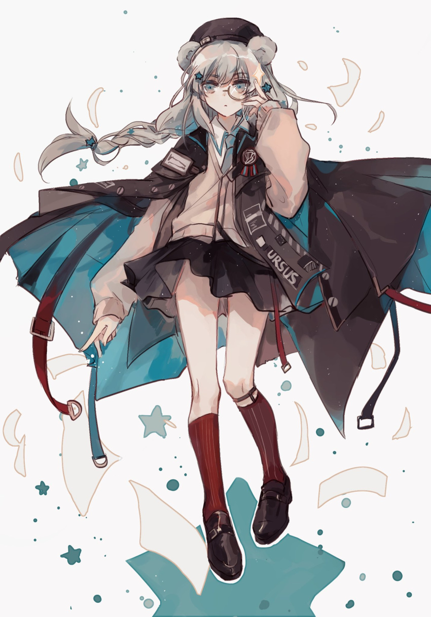 1girl animal_ears apple_da-ze arknights bear_ears black_skirt braid brown_footwear brown_headwear clothes_writing commentary_request eyebrows_visible_through_hair full_body green_eyes grey_hair hair_ornament highres istina_(arknights) kneehighs loafers long_hair looking_at_viewer monocle pleated_skirt red_legwear shoes single_braid skirt solo star_(symbol) star_hair_ornament white_background