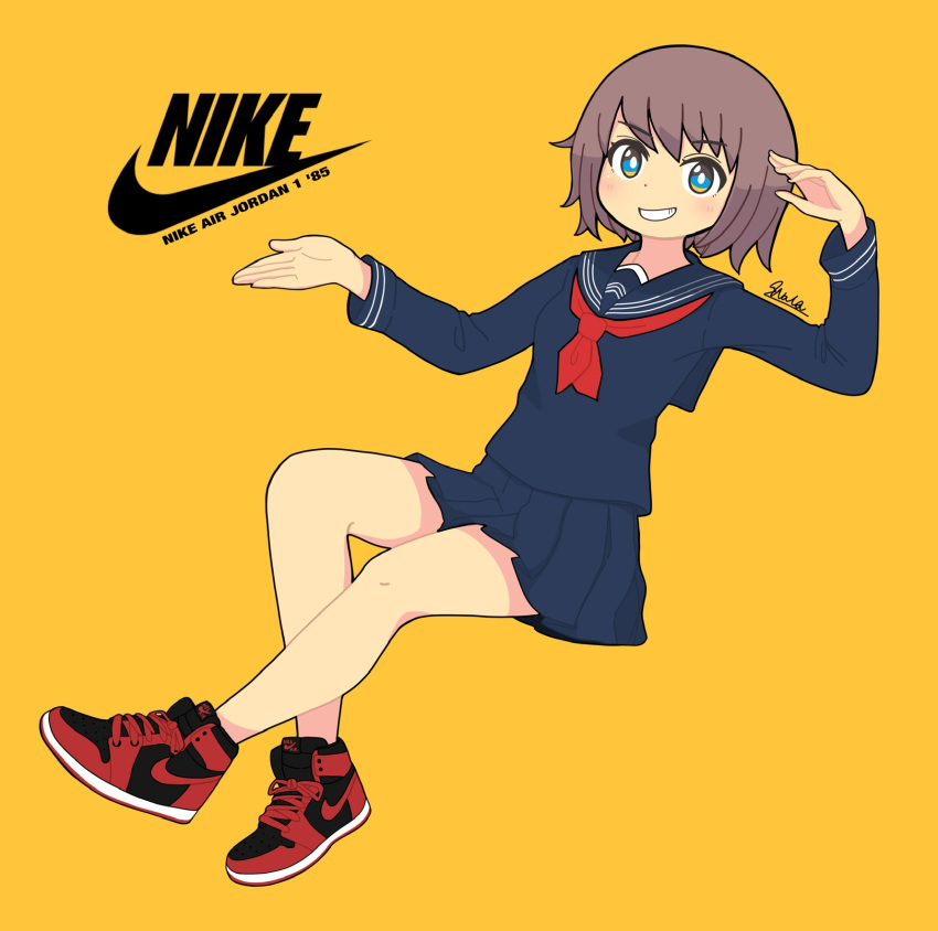 1girl air_jordan_1 blue_eyes blue_serafuku brown_hair crossed_ankles grin high_tops highres long_sleeves neckerchief nike original red_footwear red_neckwear school_uniform serafuku setone shoes short_hair smile sneakers solo