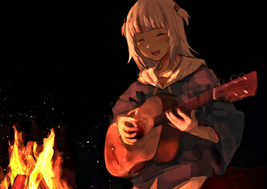 1girl acoustic_guitar bangs black_background blue_hoodie blunt_bangs blush campfire cinders closed_eyes drawstring fire gawr_gura guitar hair_ornament hololive hololive_english hood hood_down hoodie instrument laughing long_hair multicolored_hair music night ostin0127 playing_instrument rock shark_hair_ornament sharp_teeth simple_background sitting smile solo streaked_hair teeth two_side_up virtual_youtuber white_hair
