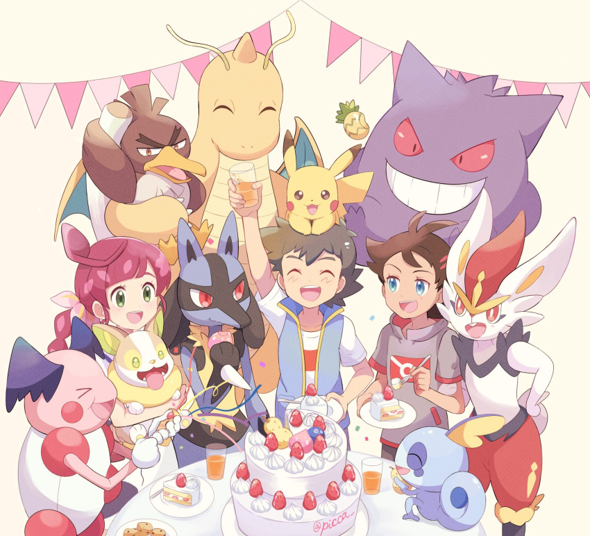 1girl 2boys antenna_hair arm_up ash_ketchum bangs berry_(pokemon) blue_eyes brown_hair cake cake_slice chloe_(pokemon) cinderace closed_eyes commentary_request cookie cup dragonite eyelashes food fork galarian_farfetch'd galarian_form gen_1_pokemon gen_4_pokemon gen_8_pokemon gengar glass goh_(pokemon) hair_ornament highres holding holding_cup holding_fork holding_pokemon long_hair lucario mei_(maysroom) mr._mime multiple_boys open_mouth party_popper pikachu plate pokemon pokemon_(anime) pokemon_(creature) pokemon_swsh_(anime) redhead shirt short_sleeves sleeveless sleeveless_jacket smile sobble teeth tongue white_shirt yamper