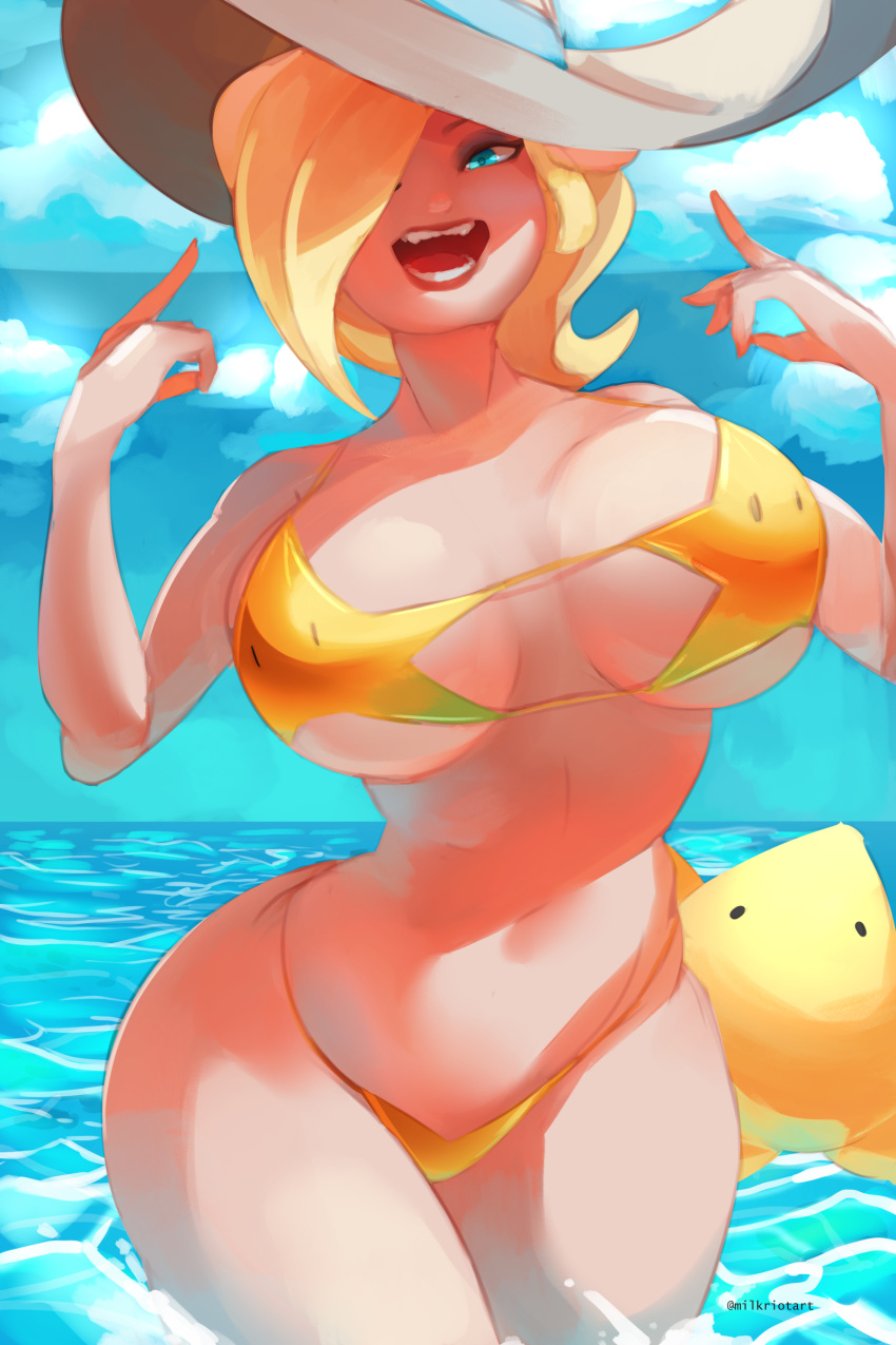 1girl absurdres bikini blonde_hair blue_eyes breasts clouds commentary curvy hair_over_one_eye hat highres large_breasts lipstick long_hair looking_at_viewer luma_(mario) makeup super_mario_bros. milkriot rosalina sky smile solo super_mario_bros. super_mario_galaxy swimsuit teeth thick_thighs thighs water wide_hips yellow_bikini