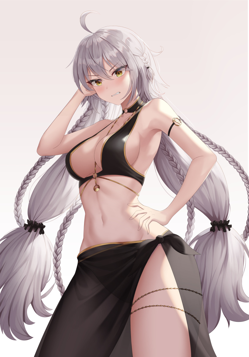 1girl absurdres ahoge bikini black_bikini braid breasts clenched_teeth commentary_request eyebrows_visible_through_hair fate/grand_order fate_(series) gradient gradient_background grey_background hand_on_hip hand_up highres jeanne_d'arc_(alter)_(fate) jeanne_d'arc_(fate)_(all) long_hair looking_at_viewer medium_breasts navel shuvui silver_hair solo swimsuit teeth thighs twintails very_long_hair yellow_eyes